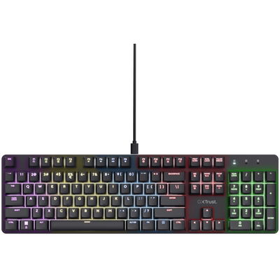 Tastatura mecanica Trust GXT 871 Zora, switch Huano Linear, iluminare RGB full, programabila, USB 2.0, negru, 1 buc