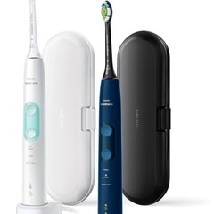 Philips Set 2 periute de dinti sonice electrice 62000 miscari/minut, 3 moduri de curatare, senzor presiune, functie BrushSync, 2 tocuri de transport, 2 capete de periere, Alb/Albastru Philips Set 2 periute de dinti sonice electrice 62000 miscari/minut, 3 moduri de curatare, senzor presiune, functie BrushSync, 2 tocuri de transport, 2 capete de periere, Alb/Albastru