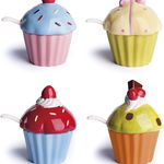 Recipient pentru zahar cu capac, din ceramica, 150 ml, Ø9,2xH13 cm, Cupcake Multicolor, Modele Asortate